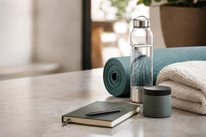 Wellness Consumers and Functional Cannabis Benefits Wellness items arranged beside an unbranded product container, representing consumers who use cannabis as part of functional lifestyle routines.