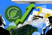 Curaleaf’s Aurora Bid Has a Cap, No Floor, and a Contradiction An illustration shows a Curaleaf logo, an arrow climbing upward to smash into a ceiling, and a pile of financial documents.