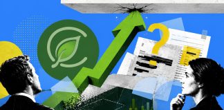 Curaleaf’s Aurora Bid Has a Cap, No Floor, and a Contradiction An illustration shows a Curaleaf logo, an arrow climbing upward to smash into a ceiling, and a pile of financial documents.