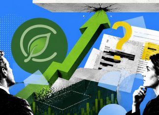 Curaleaf’s Aurora Bid Has a Cap, No Floor, and a Contradiction An illustration shows a Curaleaf logo, an arrow climbing upward to smash into a ceiling, and a pile of financial documents.