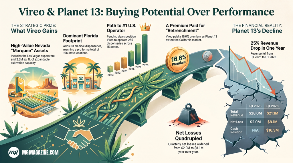 Infographic comparing Vireo’s strategic gains from the Planet 13 acquisition with Planet 13’s declining revenue and widening net losses.
