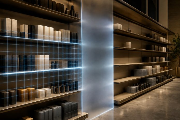 cannabis brand retail intelligence Unbranded retail products sit on illuminated shelves partially obscured by a gap in an analytical grid.