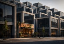 Study Finds Consumers Are Noticing Cannabis Consolidation, Too A small independent storefront surrounded by multiplying glass-and-concrete buildings, illustrating cannabis industry consolidation.