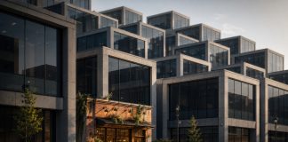 A small independent storefront surrounded by multiplying glass-and-concrete buildings, illustrating cannabis industry consolidation.