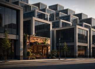 Study Finds Consumers Are Noticing Cannabis Consolidation, Too A small independent storefront surrounded by multiplying glass-and-concrete buildings, illustrating cannabis industry consolidation.