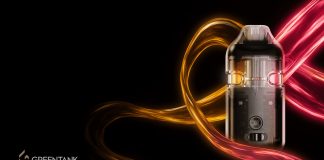 Greentank-branded cannabis vape hardware against a black background with red and amber light trails.