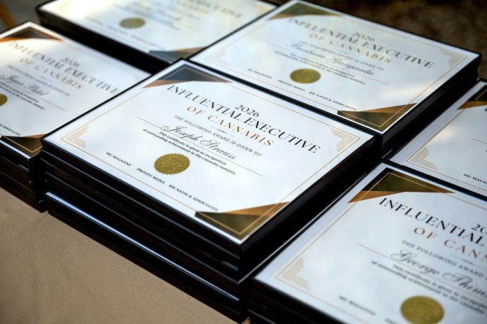 influential cannabis executives arizona awards Framed certificates prepared for honorees at the 2026 Influential Executives of Cannabis Arizona event.