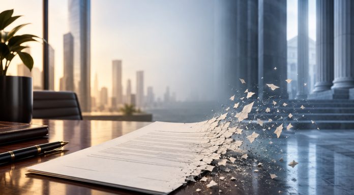 Sixth Circuit Ruling Puts Cannabis Contracts at Risk Business contract on a desk dissolving as it extends toward a courthouse-like setting.