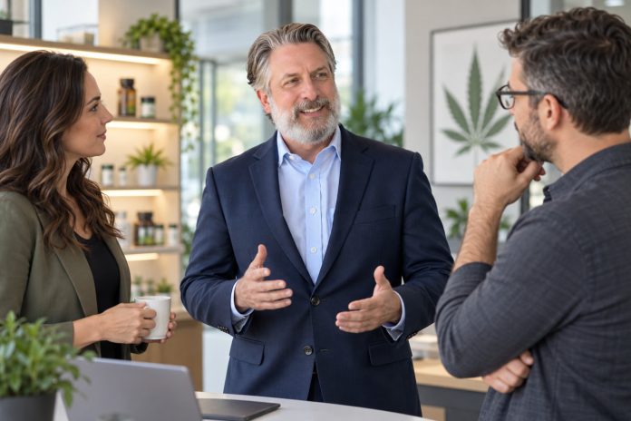 Rethinking Healthcare Benefits for Cannabis Employers Business professionals discussing healthcare benefits during an office meeting