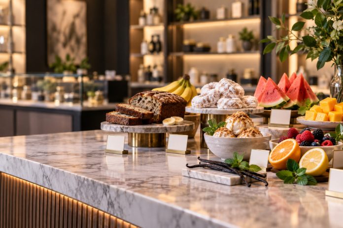 Flavor-inspired foods arranged like products on an upscale retail counter, illustrating changing cannabis naming and merchandising trends.
