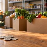 What $1,100 Taught Me About Cannabis Philanthropy Four quarters on a wooden counter in front of boxes of fresh produce at a community food pantry.