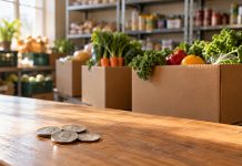 What $1,100 Taught Me About Cannabis Philanthropy Four quarters on a wooden counter in front of boxes of fresh produce at a community food pantry.
