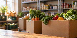 What $1,100 Taught Me About Cannabis Philanthropy Four quarters on a wooden counter in front of boxes of fresh produce at a community food pantry.