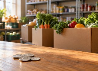 What $1,100 Taught Me About Cannabis Philanthropy Four quarters on a wooden counter in front of boxes of fresh produce at a community food pantry.