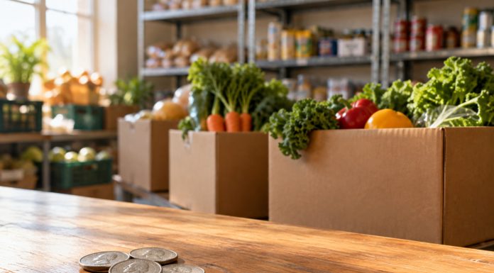 What $1,100 Taught Me About Cannabis Philanthropy Four quarters on a wooden counter in front of boxes of fresh produce at a community food pantry.