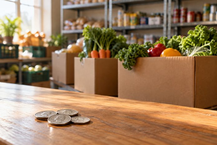 Four quarters on a wooden counter in front of boxes of fresh produce at a community food pantry.