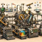 Editorial illustration of an intricate adaptive machine with interconnected gears, conveyors, sensors, and feedback systems.