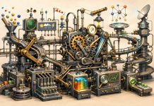 The Rules Will Change. Build a Company That Can Too. Editorial illustration of an intricate adaptive machine with interconnected gears, conveyors, sensors, and feedback systems.