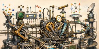 Editorial illustration of an intricate adaptive machine with interconnected gears, conveyors, sensors, and feedback systems.