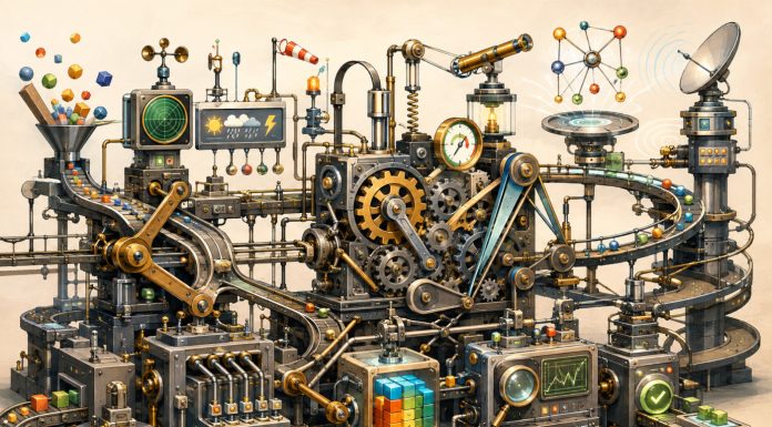 The Rules Will Change. Build a Company That Can Too. Editorial illustration of an intricate adaptive machine with interconnected gears, conveyors, sensors, and feedback systems.