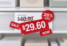 Cannabis Has a New Regular Price. It’s 26% Off. Retail shelf price tag showing a $40 price marked down 26 percent to $29.60