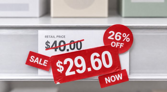 Cannabis Has a New Regular Price. It’s 26% Off. Retail shelf price tag showing a $40 price marked down 26 percent to $29.60