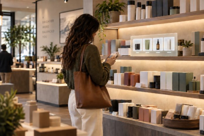 Shopper browsing a modern retail shelf with a digital display highlighting a small selection of products.