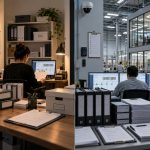 Cannabis Rules May Be Giving Scale an Unfair Advantage Split-scene illustration comparing a small cannabis business office and a larger regulated facility, each surrounded by compliance paperwork, security systems, and tracking software.