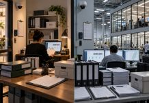 Cannabis Rules May Be Giving Scale an Unfair Advantage Split-scene illustration comparing a small cannabis business office and a larger regulated facility, each surrounded by compliance paperwork, security systems, and tracking software.
