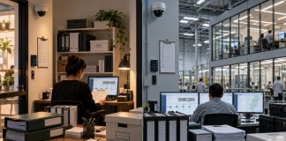 Cannabis Rules May Be Giving Scale an Unfair Advantage Split-scene illustration comparing a small cannabis business office and a larger regulated facility, each surrounded by compliance paperwork, security systems, and tracking software.