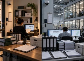 Cannabis Rules May Be Giving Scale an Unfair Advantage Split-scene illustration comparing a small cannabis business office and a larger regulated facility, each surrounded by compliance paperwork, security systems, and tracking software.