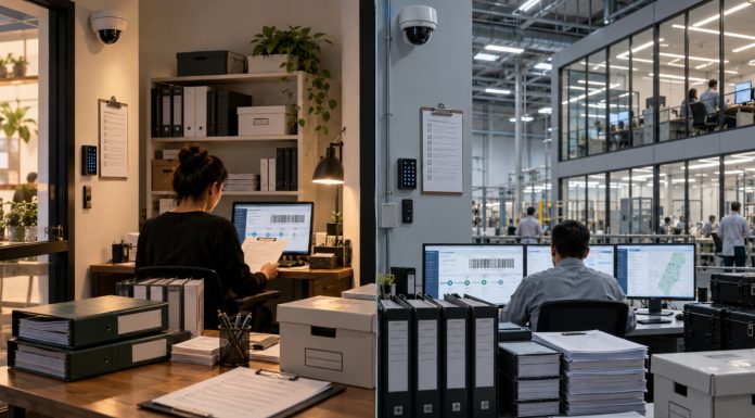 Cannabis Rules May Be Giving Scale an Unfair Advantage Split-scene illustration comparing a small cannabis business office and a larger regulated facility, each surrounded by compliance paperwork, security systems, and tracking software.