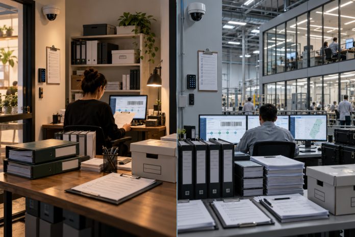 Split-scene illustration comparing a small cannabis business office and a larger regulated facility, each surrounded by compliance paperwork, security systems, and tracking software.