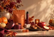 Seasonal Drops Give Cannabis Brands a Familiar CPG Playbook Autumn still life with pumpkins, apples, cinnamon, unbranded edibles, and burgundy cannabis hardware arranged for a seasonal product display.