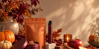 Seasonal Drops Give Cannabis Brands a Familiar CPG Playbook Autumn still life with pumpkins, apples, cinnamon, unbranded edibles, and burgundy cannabis hardware arranged for a seasonal product display.