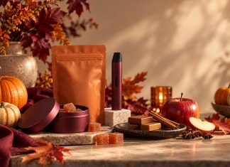 Seasonal Drops Give Cannabis Brands a Familiar CPG Playbook Autumn still life with pumpkins, apples, cinnamon, unbranded edibles, and burgundy cannabis hardware arranged for a seasonal product display.
