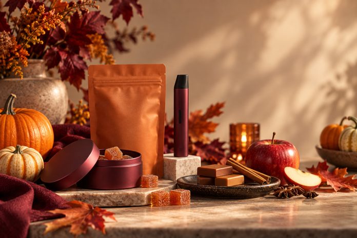 Autumn still life with pumpkins, apples, cinnamon, unbranded edibles, and burgundy cannabis hardware arranged for a seasonal product display.