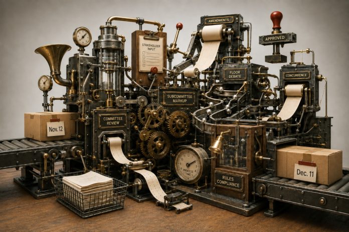 congress hemp ban delay legislative machinery An elaborate legislative machine processes a box labeled Nov. 12 and sends it out labeled Dec. 11.