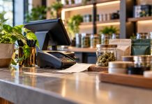 Connecticut Cannabis Sales Surge, but Revenue Barely Budges Modern retail checkout counter with a payment terminal, receipt and unbranded product packaging.