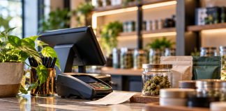 Connecticut Cannabis Sales Surge, but Revenue Barely Budges Modern retail checkout counter with a payment terminal, receipt and unbranded product packaging.