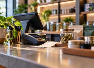 Connecticut Cannabis Sales Surge, but Revenue Barely Budges Modern retail checkout counter with a payment terminal, receipt and unbranded product packaging.