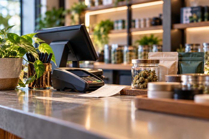 Connecticut cannabis retail price compression Modern retail checkout counter with a payment terminal, receipt and unbranded product packaging.