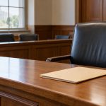 Empty chair and closed case folder in a federal hearing room.