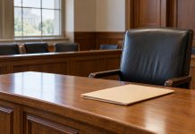 DEA Judge Pauses Broader Cannabis Rescheduling Review Empty chair and closed case folder in a federal hearing room.