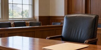 DEA Judge Pauses Broader Cannabis Rescheduling Review Empty chair and closed case folder in a federal hearing room.