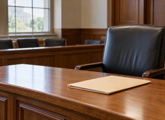 DEA Judge Pauses Broader Cannabis Rescheduling Review Empty chair and closed case folder in a federal hearing room.