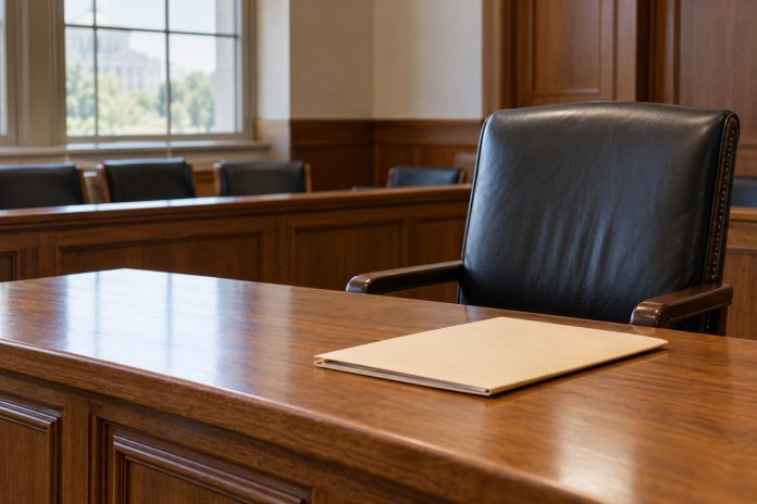 Empty chair and closed case folder in a federal hearing room.