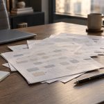 The Cost of Problems You Can’t See on a P&L Overlapping workflow sheets on an office desk beside a closed laptop