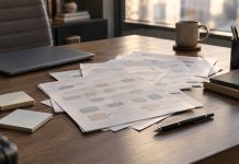 Overlapping workflow sheets on an office desk beside a closed laptop