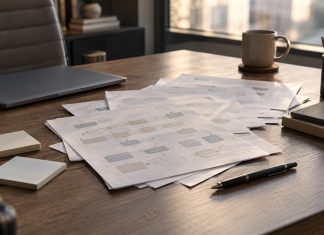 The Cost of Problems You Can’t See on a P&L Overlapping workflow sheets on an office desk beside a closed laptop